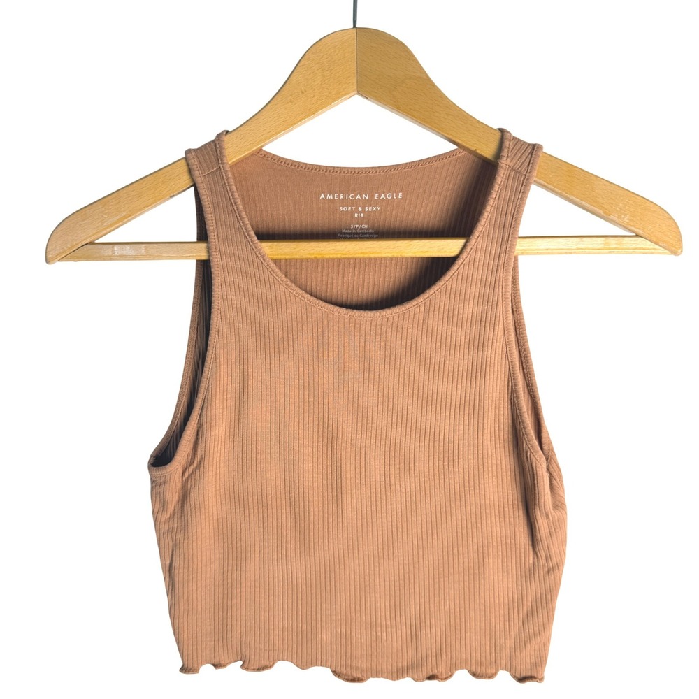 American Eagle Soft & Sexy Ribbedâ Crop Tank Top Brown Lettuce Edge Small